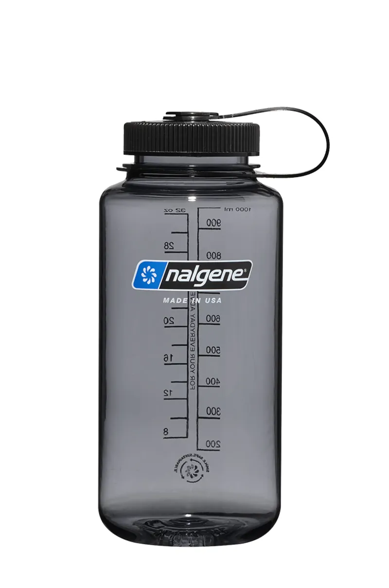 Nalgene Grey Black Cap 1L Wide Mouth Tritan Sustain Water Bottle